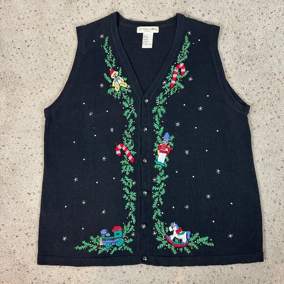 Vintage Victoria Jones Black Embroidered Christmas Sweater Vest Size 2X Women's - Picture 1 of 5